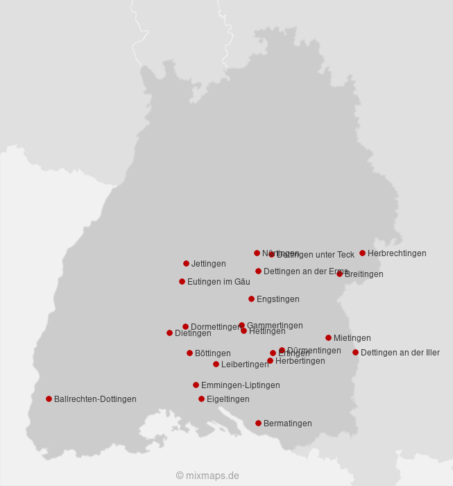 Karte Städte und Gemeinden, die auf ...tingen enden