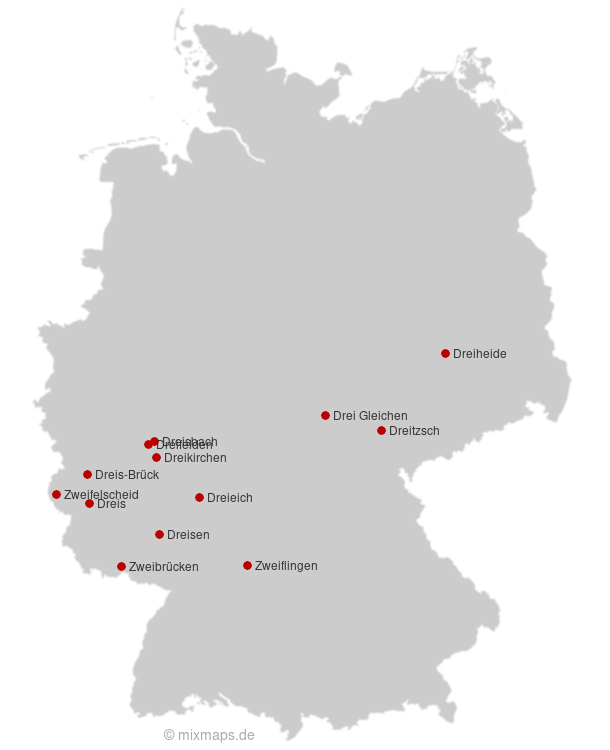 Karte Städte und Gemeinden, die mit Zwei... oder Drei... beginnen