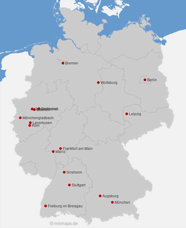 Karte Fußball-Bundesliga: Spielorte der 1. Bundesliga (Saison 2022/23)