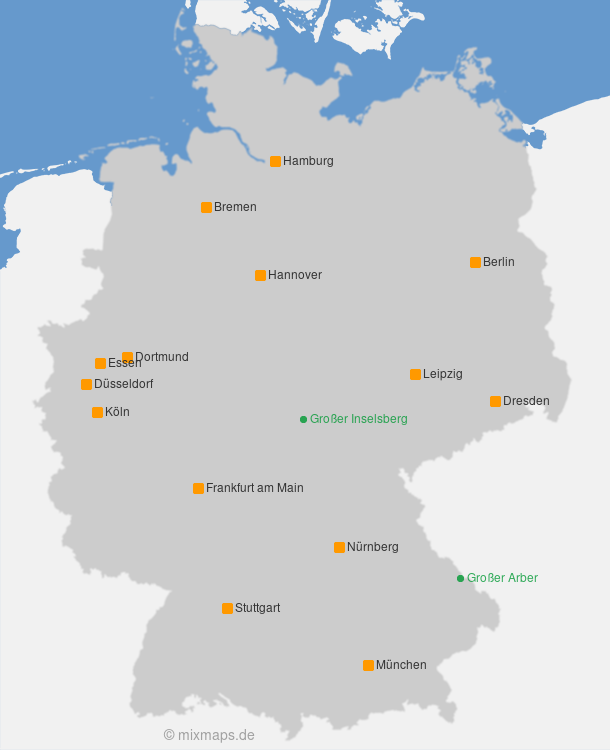 Karte Großer Inselsberg und  Großer Arber sowie Großstädte auf der Deutschlandkarte