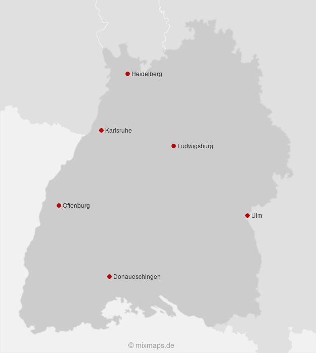 Karte Donaueschingen, Heidelberg, Karlsruhe, Ludwigsburg, Offenburg ...