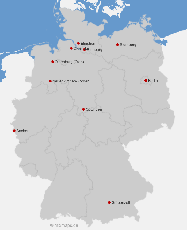 Karte Gröbenzell, Berlin, Oldendorf, Neuenkirchen-Vörden, Sternberg und Göttingen
