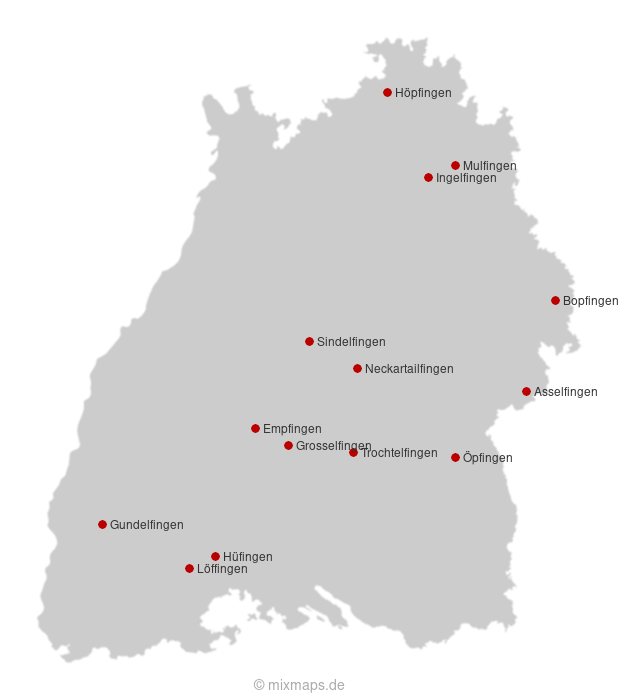 Karte Städte und Gemeinden, die auf ...fingen enden