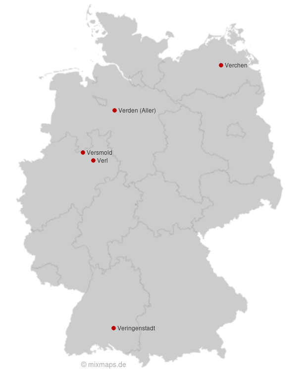 Karte Städte und Gemeinden in Deutschland, die mit Ver... beginnen