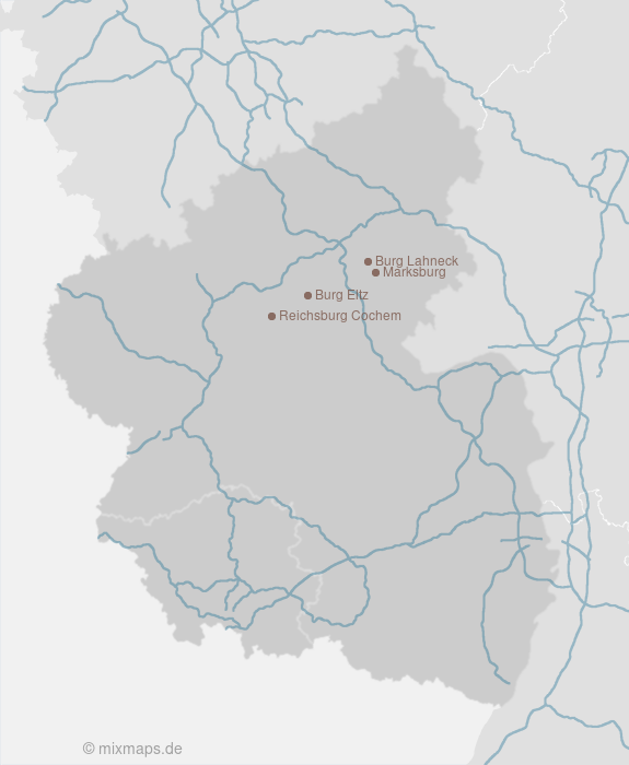 Karte Autobahnkarte mit Burg Eltz, Burg Lahneck, Reichsburg Cochem und Marksburg