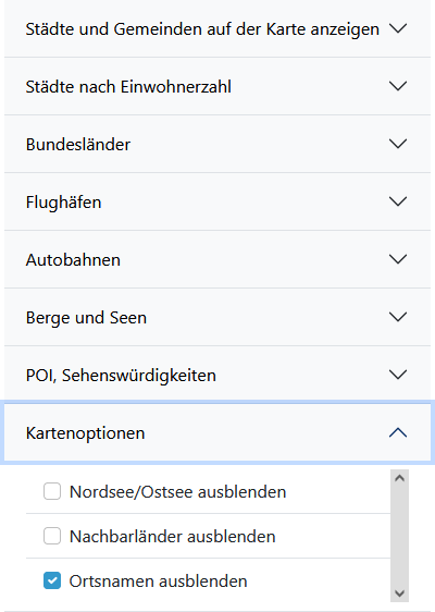 Kartenoptionen: Ortsnamen ausblenden