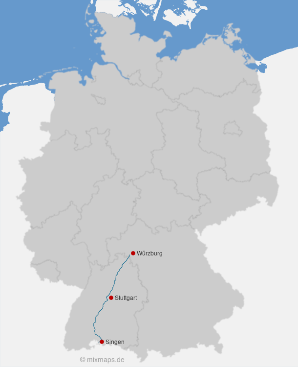 Karte Würzburg, Stuttgart und Singen an der A81