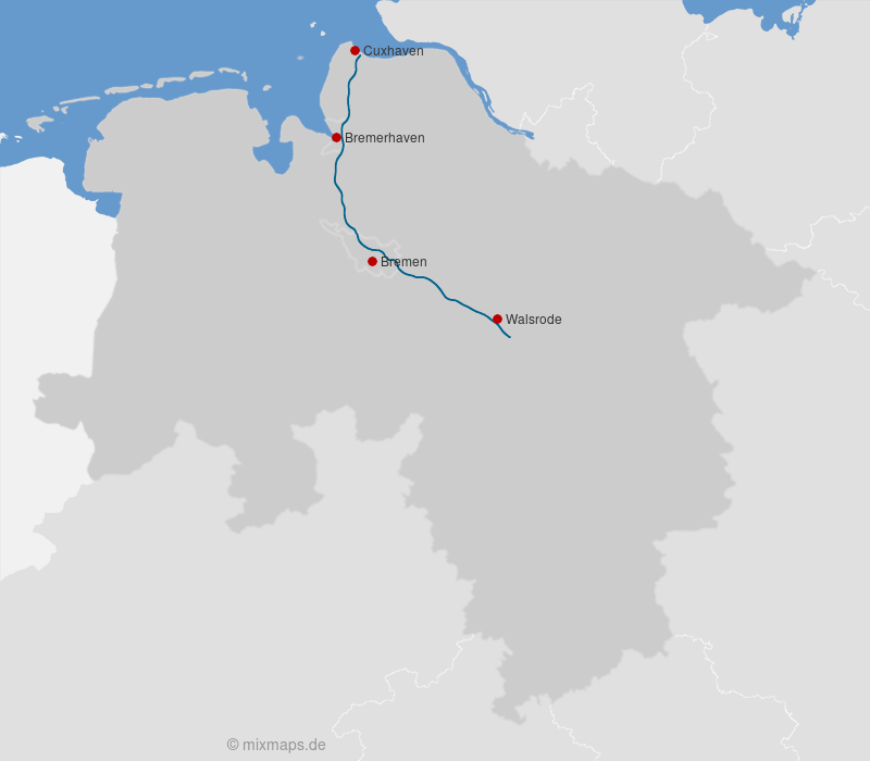 Karte Cuxhaven, Bremerhaven, Bremen und Walsrode an der A27
