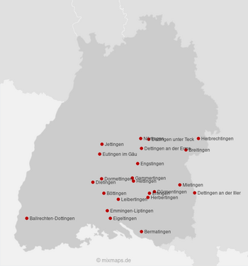 Karte Baden-Württemberg: Städte und Gemeinden, die auf ...tingen enden