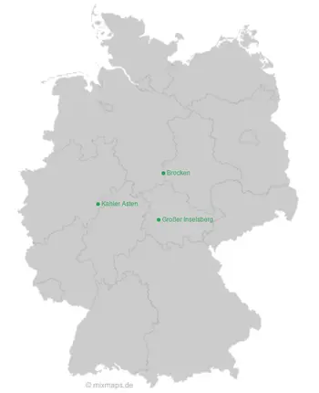 Karte Deutschland: Brocken, Großer Inselsberg und Kahler Asten