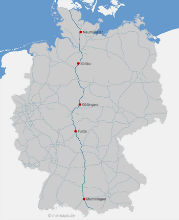 Neumünster, Soltau, Göttingen, Fulda und Memmingen an der Autobahn A7