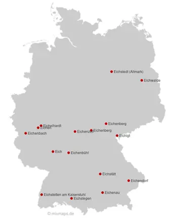 Karte Deutschland: Städte und Gemeinden, die mit Eich... beginnen