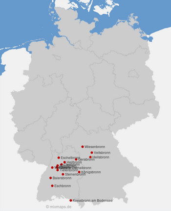 Karte Deutschland: Städte und Gemeinden, die auf ...bronn enden