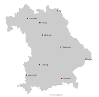 Karte Bayern: Augsburg, Bamberg, Hof, Memmingen, Nürnberg, Passau ...