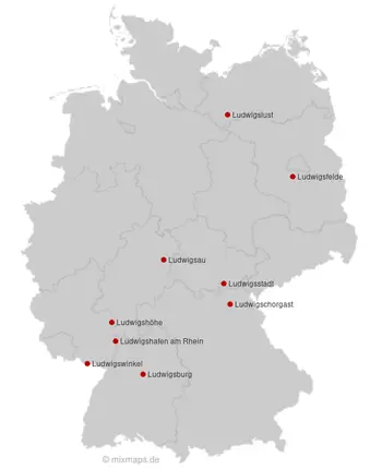 Karte Deutschland: Städte und Gemeinden, die mit Ludwig... beginnen