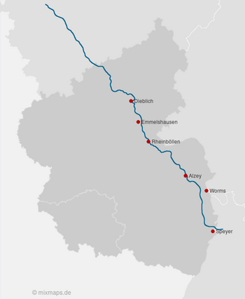 Karte Rheinland-Pfalz und Saarland: Dieblich, Emmelshausen, Rheinböllen, Alzey, Worms und Speyer an der A61