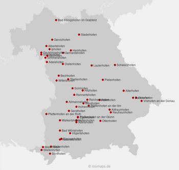 Karte Bayern: Städte und Gemeinden, die auf ...hofen enden
