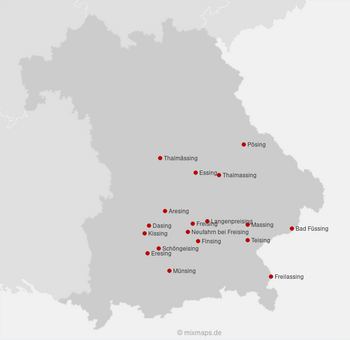Karte Bayern: Städte und Gemeinden, die auf ...sing enden