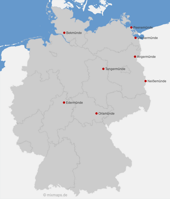 Karte Deutschland: Städte und Gemeinden, die auf ...münde enden