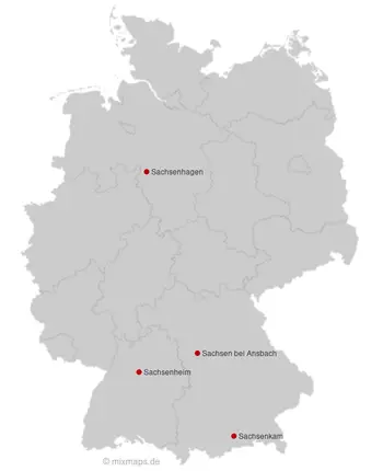 Karte Deutschland: Städte und Gemeinden, die mit Sachsen... beginnen