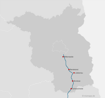 Karte Brandenburg und Berlin: Mittenwalde, Bersteland, Lübbenau, Bronkow und Schwarzheide an der A13
