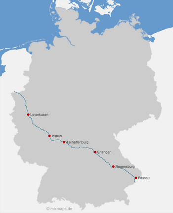 Karte Deutschland: Leverkusen, Idstein, Aschaffenburg, Erlangen, Regensburg und Passau an der Autobahn A3