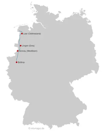 Karte Deutschland: Leer, Lingen, Gronau und Bottrop an der A31