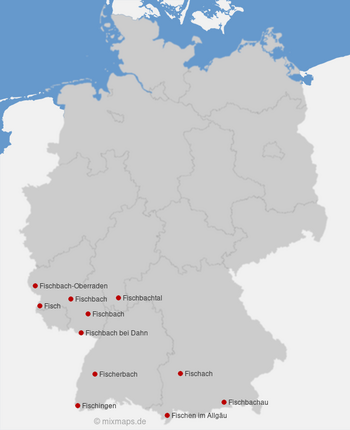 Karte Deutschland: Städte und Gemeinden, die mit Fisch... beginnen