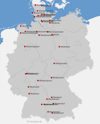 Karte Deutschland: Städte und Gemeinden, die mit West... beginnen