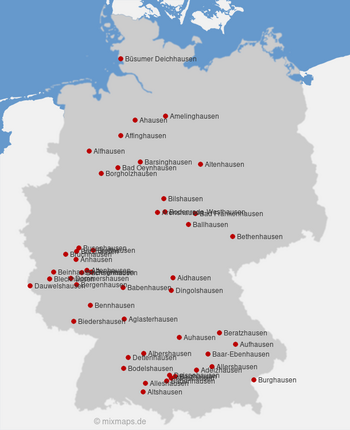 Karte Deutschland: Städte und Gemeinden, die auf ...hausen enden