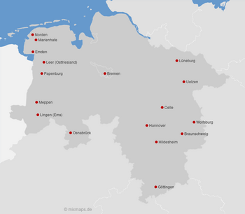 Karte Bremen und Niedersachsen: Städte mit ICE-Bahnhof (Stand 2024)