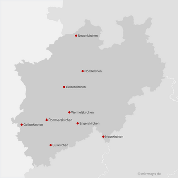 Karte Nordrhein-Westfalen: Städte und Gemeinden, die auf ...kirchen enden