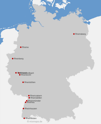 Karte Deutschland: Städte und Gemeinden, die mit Rhein... beginnen