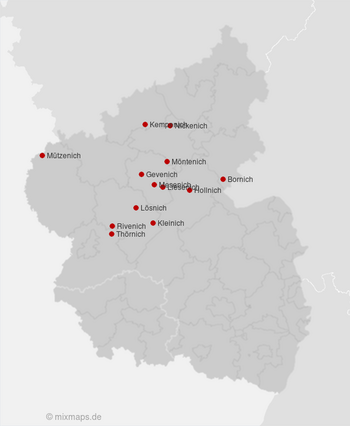 Karte Rheinland-Pfalz und Saarland: Städte und Gemeinden, die auf ...nich enden