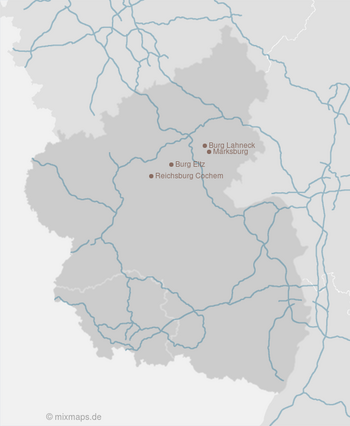 Autobahnkarte mit Burg Eltz, Burg Lahneck, Reichsburg Cochem und Marksburg
