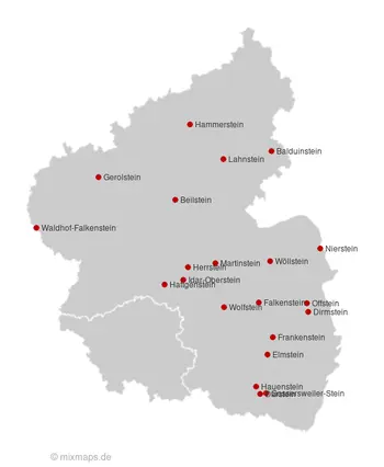 Karte Rheinland-Pfalz und Saarland: Städte und Gemeinden, die auf ...stein enden