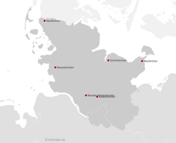 Karte Schleswig-Holstein und Hamburg: Städte und Gemeinden, die auf ...kirchen enden