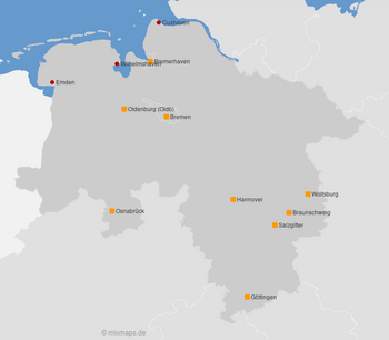 Karte Bremen und Niedersachsen: Emden, Wilhelmshaven, Cuxhaven und Großstädte