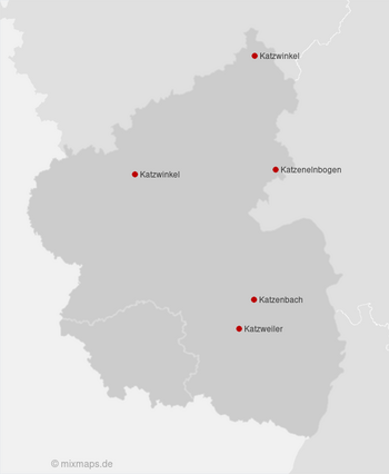 Karte Rheinland-Pfalz und Saarland: Städte und Gemeinden, die mit Katz... beginnen