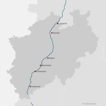 Karte Nordrhein-Westfalen: Lengerich, Münster, Hagen, Remscheid, Leverkusen und Euskirchen an der A1