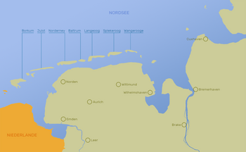 Karte: Niedersächsische Nordseeküste mit den ostfriesischen Inseln