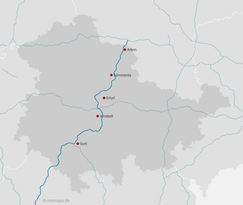 Karte Thüringen: Artern, Sömmerda, Erfurt, Arnstadt und Suhl an der A71