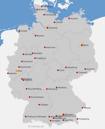 Karte Deutschland: Rendsburg, Hamburg, Hannover, Kaufbeuren, Landsberg, München ...