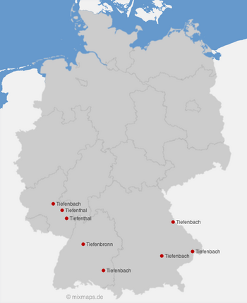 Karte Deutschland: Städte und Gemeinden, die mit Tief... beginnen