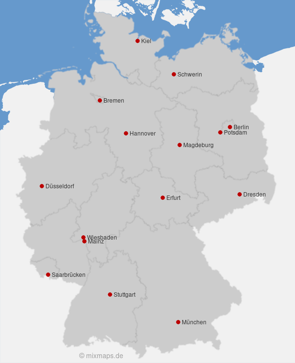 Karte Die deutschen Bundesländer mit ihren Landeshauptstädten
